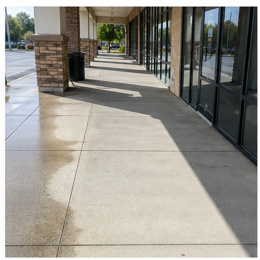 Clean storefront sidewalk after pressure washing